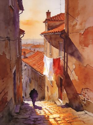 Lisbon Sunset Skyline Watercolor Canvas Print