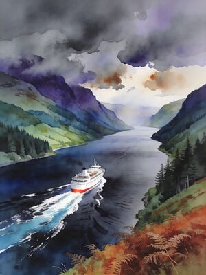 Loch Ness Urquhart Castle at Dawn Watercolor Canvas Print