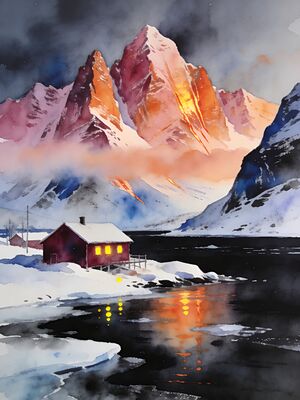 Lofoten Winter Reine Fishing Village Watercolor Canvas Print