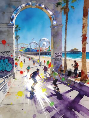 Venice Beach Boardwalk Scene Watercolor Canvas Print