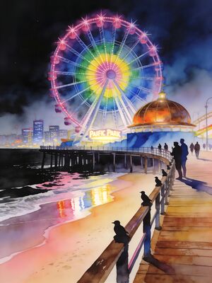 Santa Monica Pier Night Watercolor Canvas Print