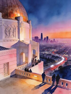 Santa Monica Pier Ferris Wheel Night Watercolor Canvas Print