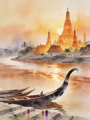 Luang Prabang Mekong Riverfront Temple Town Watercolor Canvas Print