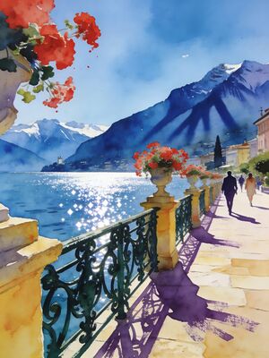 Lugano Lake Promenade Watercolor Canvas Print