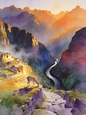 Machu Picchu Inca Citadel at Sunrise Watercolor Canvas Print