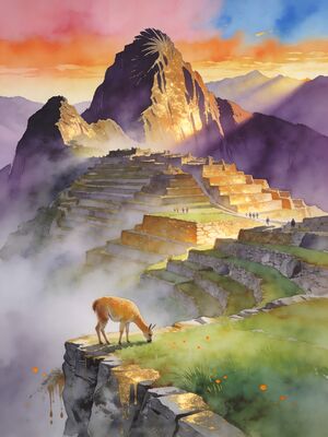 Machu Picchu Temple of the Sun Panorama Watercolor Canvas Print