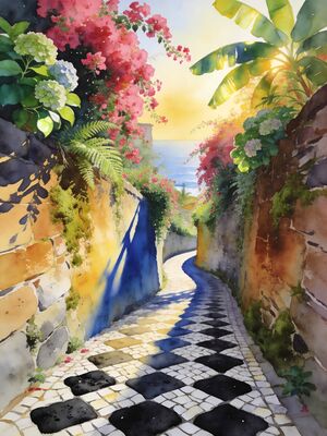 Madeira Village Lane Watercolor Canvas Print
