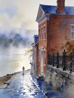 Madison Historic Quarter Cobblestone Walk Watercolor Canvas Print