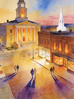 Madison Historic Church and Town Plaza Watercolor Canvas Print
