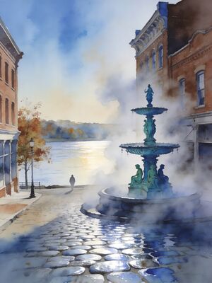 Madison Town Market Square in Morning Light Watercolor Canvas Print