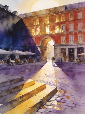 Madrid Plaza Mayor Arcades Watercolor Canvas Print