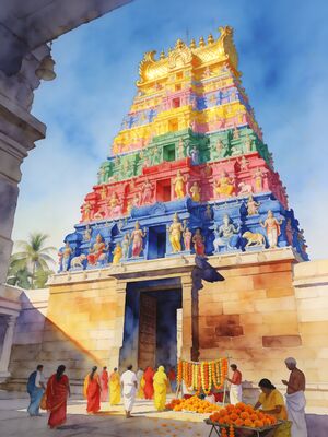 Madurai Temple Corridor Pillars Watercolor Canvas Print