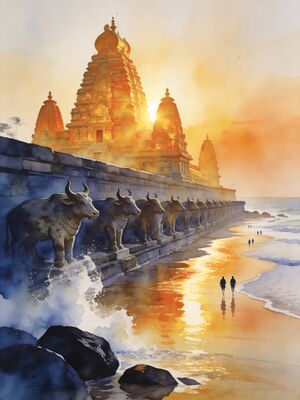 Mahabalipuram Five Rathas Panorama Watercolor Canvas Print