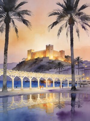 Malaga Harbor View Watercolor Canvas Print
