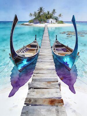 Maldives Island Harbor with Boats Watercolor Canvas Print