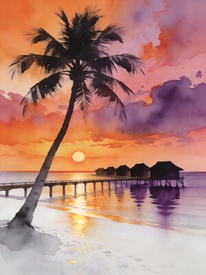 Maldives Sunset Coast Watercolor Canvas Print