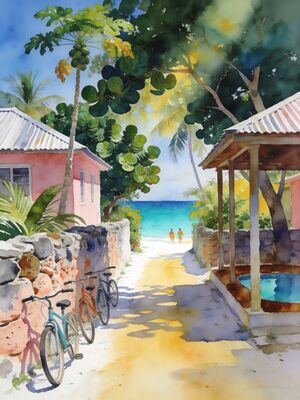 Maldives Village Lane at Golden Hour Watercolor Canvas Print