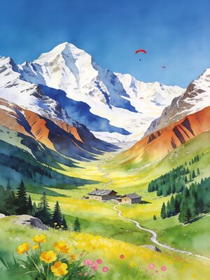 Manali Beas River Valley Bridge Watercolor Canvas Print