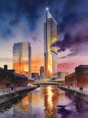 Manchester Skyline Beetham Tower Sunset Watercolor Canvas Print