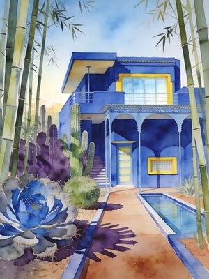 Marrakech Jardin Majorelle Blue Villa Cactus Garden Watercolor Canvas Print