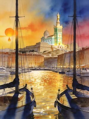 Marseille Church Plaza Watercolor Canvas Print