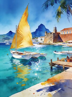 Martinique Island Harbor with Boats Watercolor Canvas Print