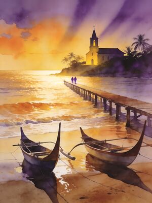 Martinique Sunset Coast Watercolor Canvas Print