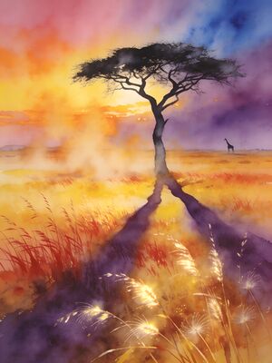 Masai Mara Savanna Acacia Sunset Watercolor Canvas Print