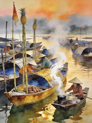 Mekong Delta Cai Rang Floating Market Watercolor Canvas Print