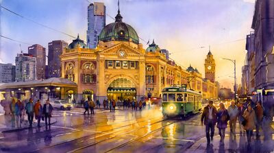 Flinders Station Trams Watercolor Canvas Print