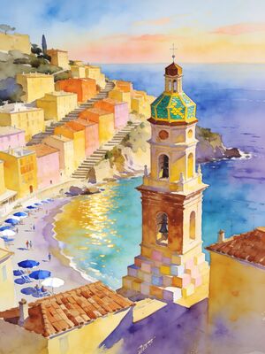 Menton Pastel Waterfront Basilica Watercolor Canvas Print