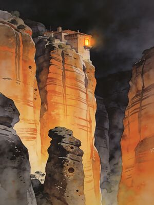 Meteora Monasteries Rock Pillars Watercolor Canvas Print