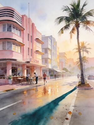South Beach Art Deco Ocean Drive Watercolor Canvas Print