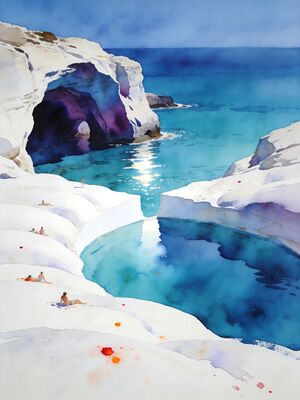 Milos Sarakiniko Lunar Rock Beach Watercolor Canvas Print