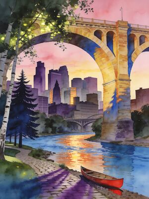 Minnesota Riverside Walk Watercolor Canvas Print