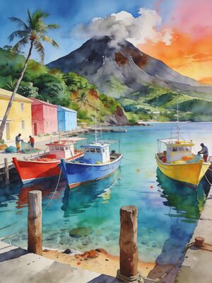 Montserrat Island Harbor with Boats Watercolor Canvas Print