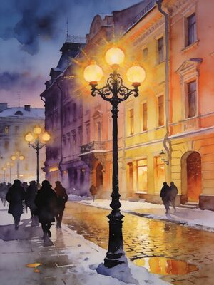 Moscow Old Arbat Street Vintage Lanterns Watercolor Canvas Print