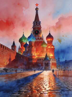 Moscow Kremlin Towers over Moskva River Watercolor Canvas Print