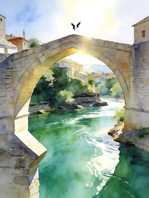Mostar Stari Most Bridge over Neretva Watercolor Canvas Print