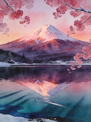 Mount Fuji from Chureito Pagoda Watercolor Canvas Print