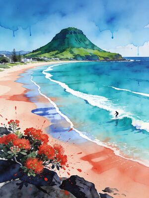 Mount Maunganui Base Track and Ocean Beach Watercolor Canvas Print