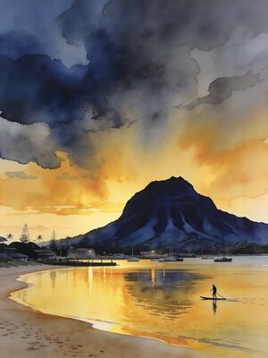 Mount Maunganui Sunset Shore Watercolor Canvas Print