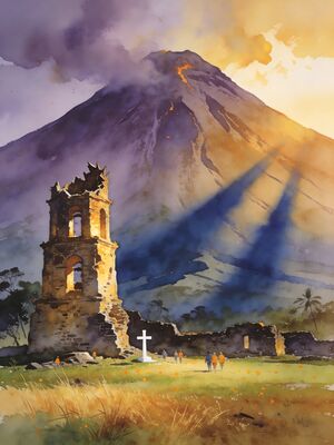 Mount Mayon Volcanic Cone over Rice Fields Watercolor Canvas Print