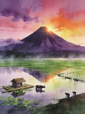 Mount Mayon from Cagsawa Church Ruins Watercolor Canvas Print