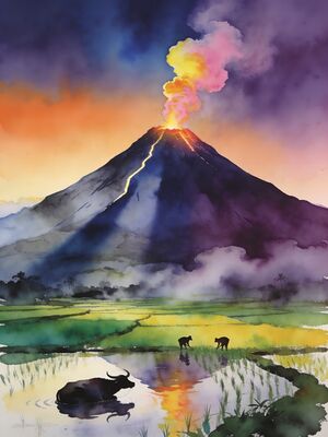 Mount Mayon Sunrise with Summit Glow Watercolor Canvas Print