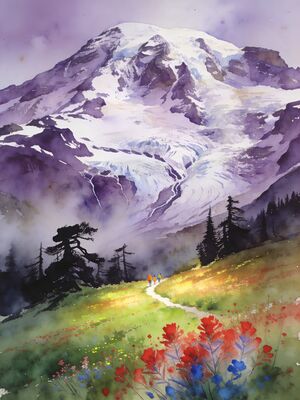 Mount Rainier Paradise Meadow Wildflowers Watercolor Canvas Print