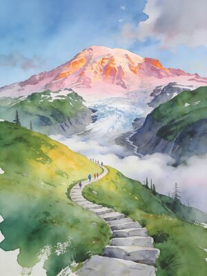Mount Rainier Sunrise Point Alpenglow Watercolor Canvas Print