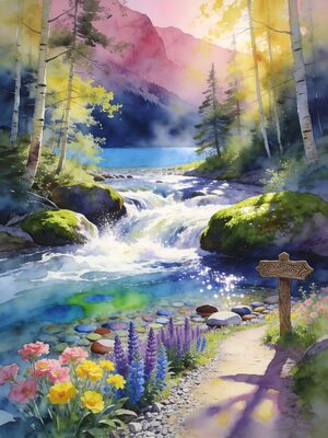 Mountain Lake Riverside Walk Watercolor Canvas Print