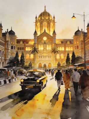 Mumbai Skyline Sunset Watercolor Canvas Print