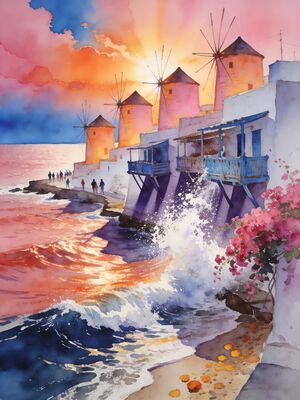 Mykonos Little Venice Windmills Watercolor Canvas Print